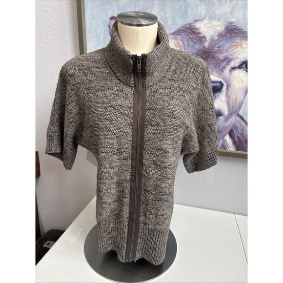 Willi Smith Women's M‎ Brown Gray Full Zip Wool Blend Short Sleeve Knit Sweater - Picture 1 of 15